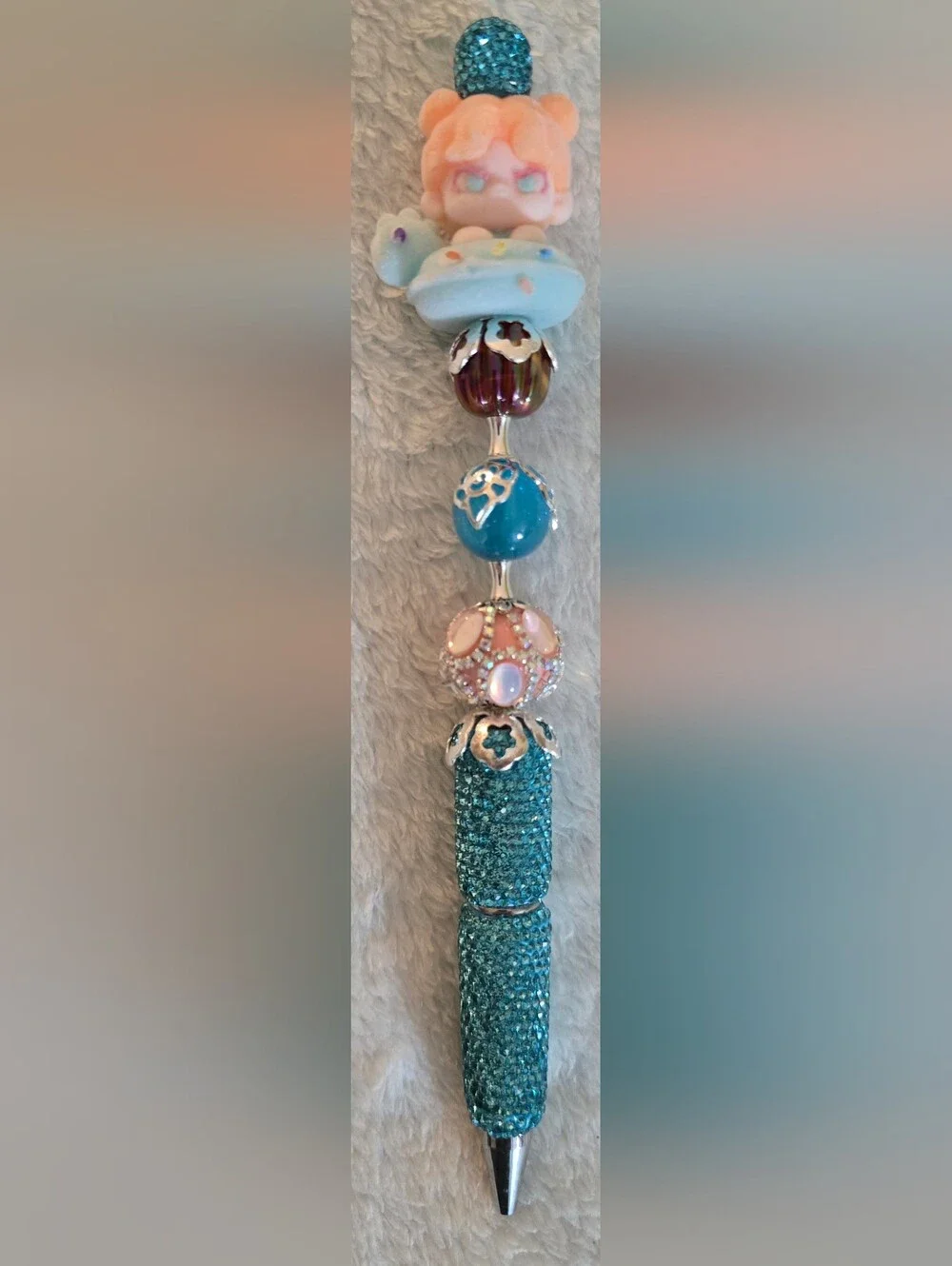 Teal and Peach Beaded Pen - Girl With Pool Float
